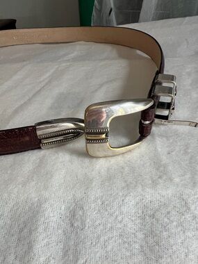 Men's Brown Leather Belt with Decorative Silver Buckle